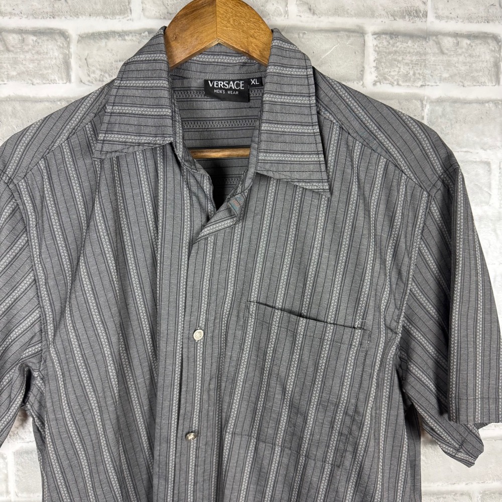 Versace Mens Wear Grey Striped Short Sleeve Button Down Shirt Medusa Buttons XL